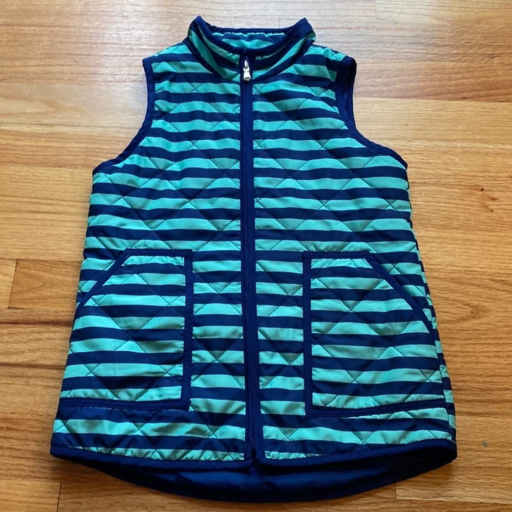 J. Khaki Mint and Navy Striped Quilted Full Zip Puffer Vest‎ Two Pockets Girls M